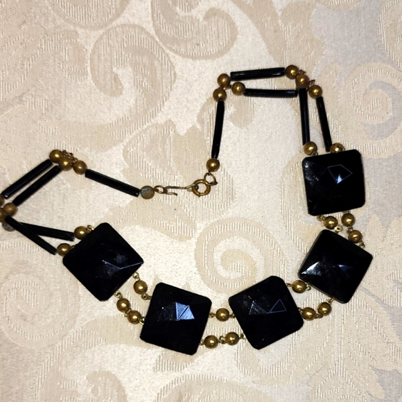 Bakelite ArtoDec Statement Necklace Rare 1940s Black Geometric Bib One of a Kind - Picture 3 of 8